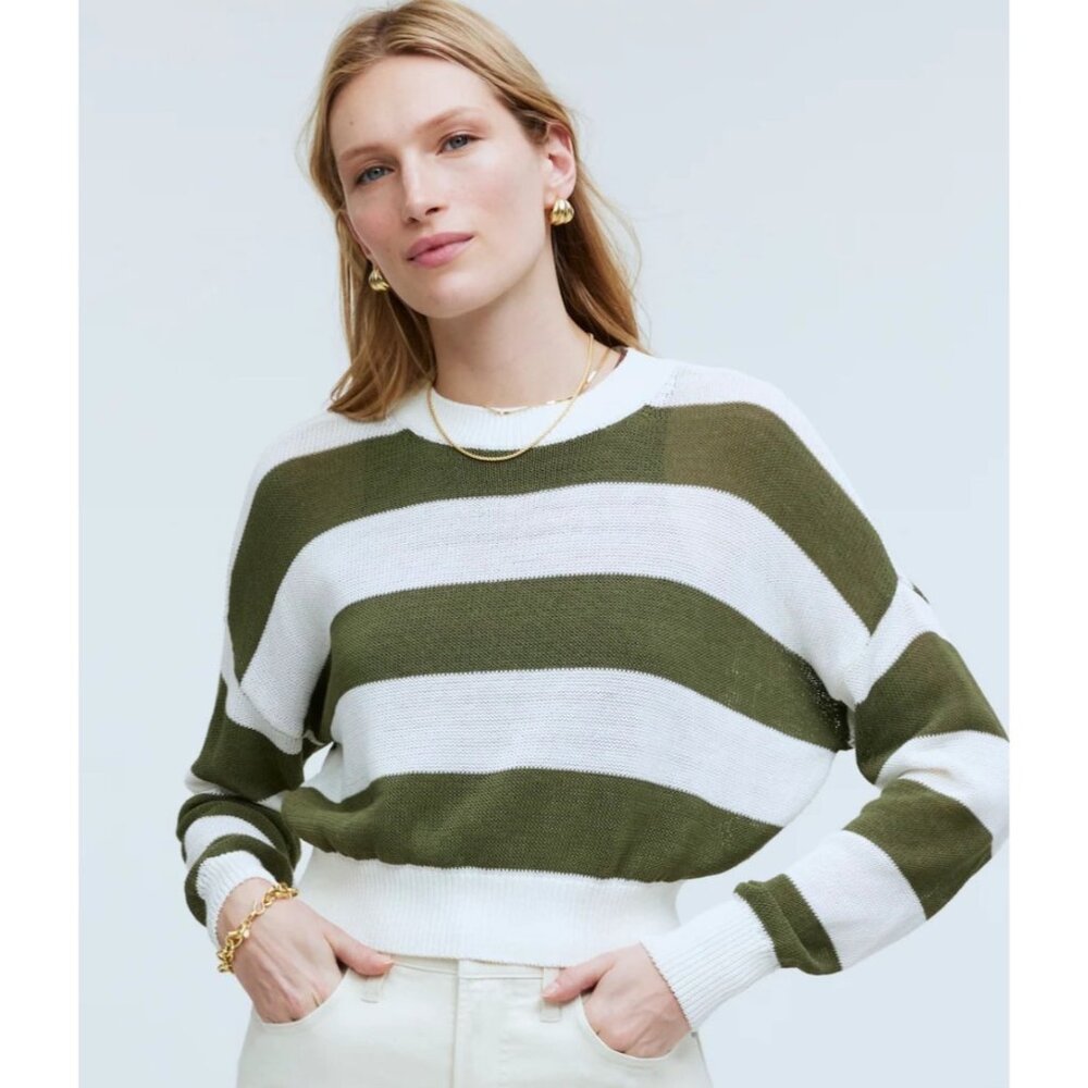 Madewell Olive Green and White Striped Crewneck Sweater